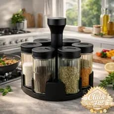 Porta Tempero e Condimento Giratório Com 6 Pote de Vidro 85ml Para Cozinha Moderno Luxuoso