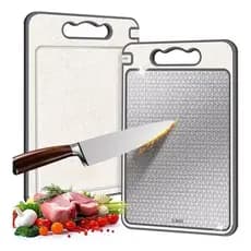 Tábua de Corte Cortar Carne Placa Dupla Face Higiênica em Aço Inox e PP com Afiador e Alça S2