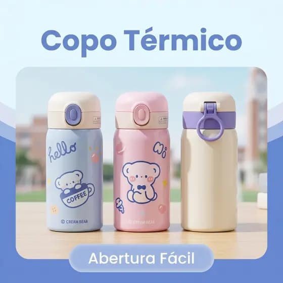 Garrafa Térmica Portátil com Estampa Urso Cartoon, Abertura de Um Toque para Estudantes e Uso Diário