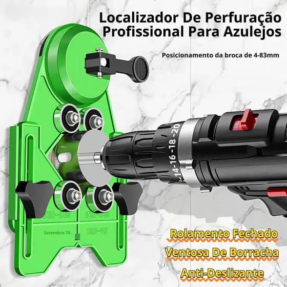LOCALIZADOR DE PERFURAÇÃO PARA AZULEJOS, VENTOSA DE BORRACHA ANTIDERRAPANTE, BROCAS DE 4 A 83MM