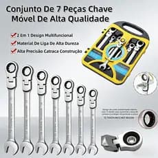 KIT 7 CHAVES CATRACA COMBINADAS, CABEÇA FIXA/ARTICULADA, AÇO CROMO VANÁDIO, PARA REPARO AUTOMOTIVO