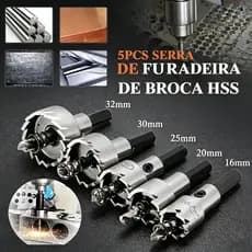 KIT 5 PEÇAS BROCA DE SERRA HSS, FURADOR P/ AÇO INOX, METAL E MADEIRA, VARIOS TAMANHOS
