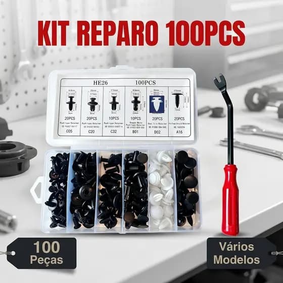 KIT 100 PÇS GRAMPOS DE FIXAÇÃO AUTOMOTIVA + FERRAMENTA, 6 TAMANHOS P/ PÁRA-CHOQUE