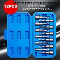 KIT 12 SOQUETES HEXAGONAIS MAGNÉTICOS 1/4", 8-14MM, PARA FURADEIRA, MULTIFUNCIONAL