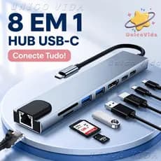 Hub USB-C 8 em 1 Adaptador Tipo C HDMI 4K USB 3.0 RJ45 SD TF PD 100W Docking Station | UnicoVida