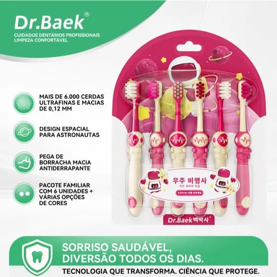Dr.Baek Kit Escova de Dente Infantil, 6un, 6000+ Cerdas Macias,  3 - 12 Anos