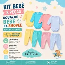 Kit Bebê 8 Peças Body Manga Longa e Mijão RN P M G Enxoval Recém-Nascido
