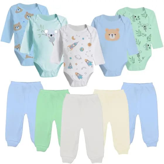 Kit Enxoval Bebê 10 Peças 100% Algodão Body Manga Longa e Mijão