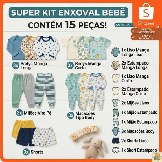 Kit Enxoval Bebê 15 Peças Body Mijão Macacão Short 100% Algodão