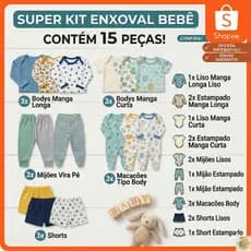 Kit Enxoval Bebê 15 Peças Body Mijão Macacão Short 100% Algodão