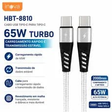 Cabo USB-C para USB-C 65W Turbo Inova HBT-8810 2 Metros Carregamento Rápido e Transferência de Dados