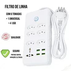 Régua Filtro de Linha com 7 Tomadas Extensão Elétrica 1 Universal 4 USB Bivolt 10A 110v/220v Cabo de 2 Metros Seguro e c