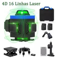 Nível A Laser 16 Linhas 4D 360° Verde Profissional Kit  Completo Baterias Auto Nivelamento Para Obras