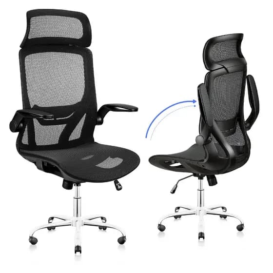 Cadeira De Escritório Ergonômica cadeira gamer Ajuste Lombar Apoio Cabeça Mesh Preto Braço Dobrável 90° Suporta