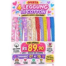 Kit Sortido de 4 Calças Leggings de Cotton para Meninas tamanho 01 ao 16
