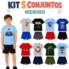Kit 10 Peças Infantil Menino | 5 Camisetas Algodão + 5 Shorts Tactel | Roupa Verão
