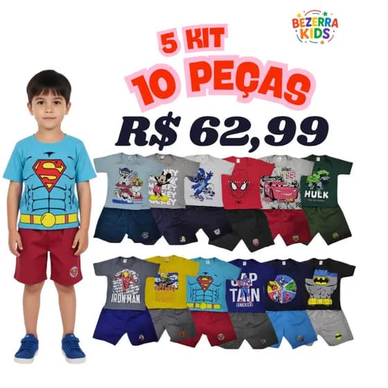 5  KIT INFANTIL 10 PEÇAS  5 CAMISETAS + 5 SHORTS