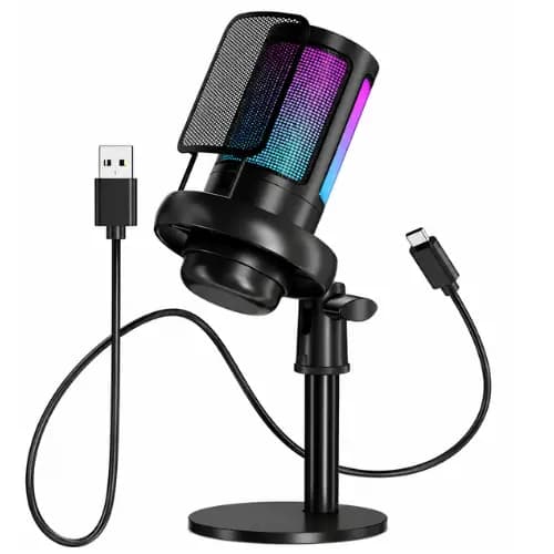 Microfone Gamer Condensador USB RGB Cardioide para PC Streaming Podcast Gravação Live Notebook Preto