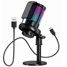 Microfone Gamer Condensador USB RGB Cardioide para PC Streaming Podcast Gravação Live Notebook Preto