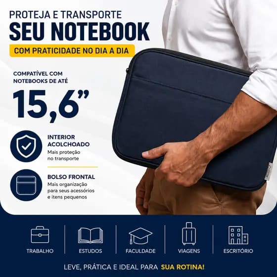 Capa Case Porta Notebook 15,6 15.6 Polegadas Acolchoada Canvas Com Bolso Frontal Pasta Luva