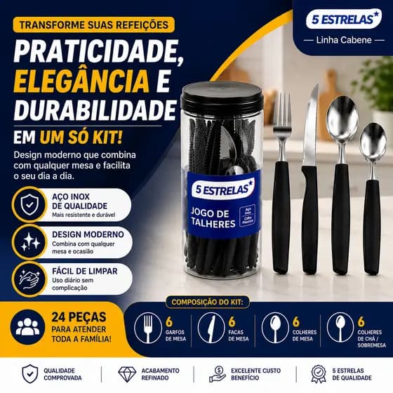 Talheres Cabene Inox Cabo Preto Garfo Faca Colher Avulso Ou Kit 24 Peças