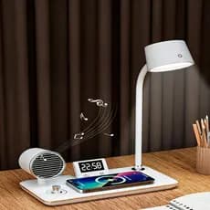 Candeeiro de mesa de cabeceira multifuncional com carregamento sem fio para celular e função de alto-falante Bluetooth.