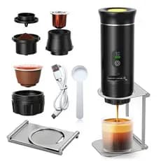 Máquina de café expresso elétrica três em um portátil, preta, pode usar cápsulas ou café em pó