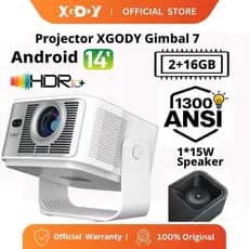 XGODY Projetor Gimbal 7, Brilho 1300ANSI, Foco Automático, Correção Inteligente, Android 14, Suporte 4K 8K, WiFi6, BT5.4