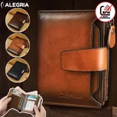 Carteira masculina retrô de couro legítimo com três dobras e sistema antifurto, disponível em três cores-ALE