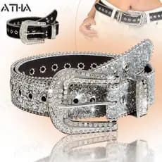 Cinto de Couro de Couro de Rhinestone All-match Fashion Rhinestone Decoração de Lantejoulas Estilo ins Style Cowgirl