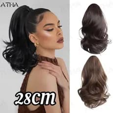 Extensão de Cabelo Sintético 28cm Curto Encaracolado Rabo de Cavalo Garra Clipe Aumenta Volume Preto Natural Castanho