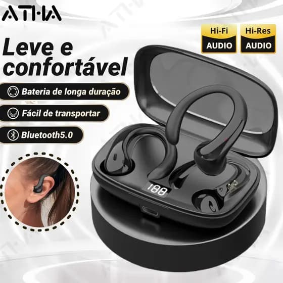 Fones de Ouvido Clip-On Bluetooth 5.0 | Leve & Confortável | Som Hi-Fi Sem Vazamento, Esportivo, Impermeável ipx8