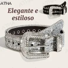 2026 NOVA Cinto Moda Country Com Pedrarias Prata Fivela Metal Couro Sintético Elegante Simples Cowgirl Temperamento