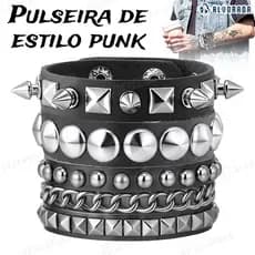 Kit Pulseira 3 em 1 Couro Sintético Punk Rock Gótico com Tachas e Corrente Unissex Regulável -alv