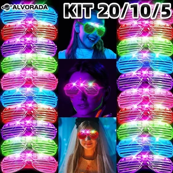 KIT 20/10/5 Oculos Led Neon de Festa Com 3 Modos Fluorescente Rave Balada Casamento Cosplay Aniversario Carnaval ALV