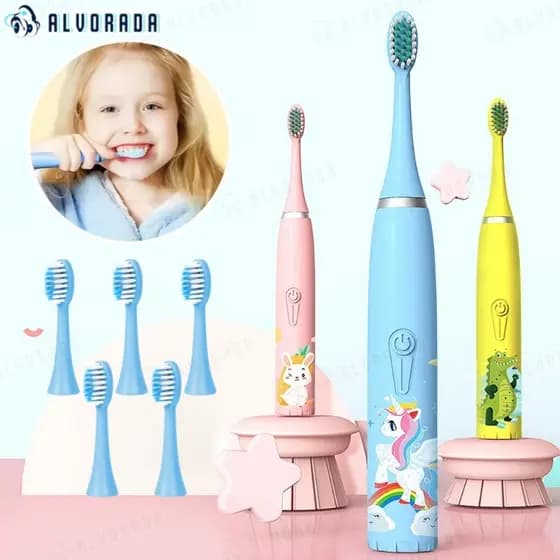 Escova Dental Elétrica Ultra-Sônica Para Crianças Acústica Onda Fofa Cabelos Suaves Dupla Face Limpa Cuidados-alv