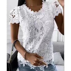 Blusas De Verão Elegantes De Renda Manga Curta Camisa Casual O-neck White Tops Plus Size
