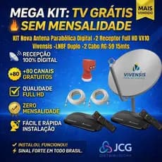 Kit Antena Parabólica Banda KU  +2 Receptores Full HD VX10 +LNBF Duplo VIVENSIS + 2 Cabos 15 mts2 TV