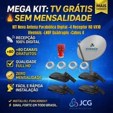 KIT Nova Antena Parabólica Digital +4 Receptor HD VX10 Vivensis +LNBF Quádruplo +Cabos 4 RG-59 15mts