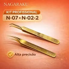 Pinças Extensão de Cílios Kit N07 + N02-2 Dourada Aço | Gold | Profissional Nagaraku Envio Imediato