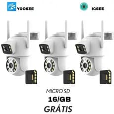 KIT3 Câmera De Segurança Lente Dupla ICSEE/YOOSEE IP66 Wi-Fi 360° Sensor Movimento + MICROSD 16GB