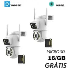 KIT2 Câmera De Segurança Lente Dupla ICSEE/YOOSEE IP66 Wi-Fi 360° Sensor Movimento + MICROSD 16GB