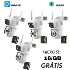 KIT4 Câmera De Segurança Lente Dupla ICSEE/YOOSEE IP66 Wi-Fi 360° Sensor Movimento + MICROSD 16GB