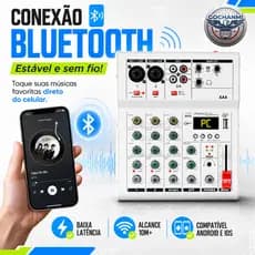 Mesa de Som Profissional 4 Canais Com Phantom Power 48V Bluetooth USB