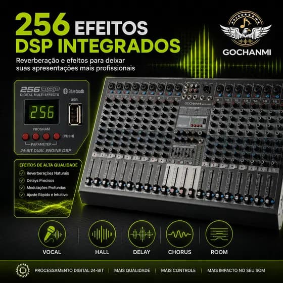 Conecte Microfones e Instrumentos: Mixer GOCHANMI 16 Canais com Bluetooth, USB, MP3 e 3 AUX