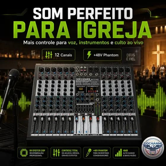 Mixer de Som 12 Canais GOCHANMI MX12 PRO com Saída Monitor Fone USB Bluetooth