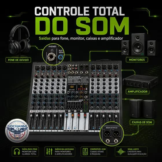 Mesa Mixer GOCHANMI MX12 PRO 12 Canais com Efeitos DSP e Phantom Power 48V