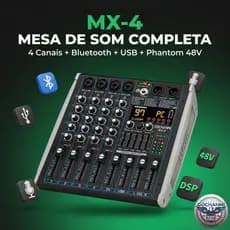 Mesa de Som MX4 4 Canais Entrada MIC LINE XLR P10 Bluetooth USB
