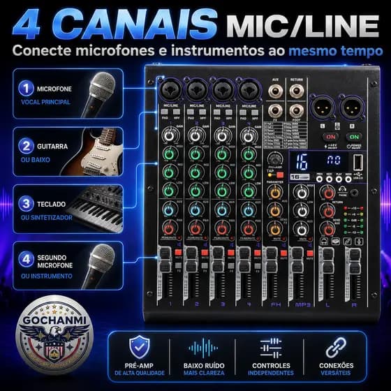 Mixer de Áudio GOCHANMI BW4 4 Canais MIC LINE XLR P10 com Faders EQ 3 Bandas AUX FX e TAP Delay