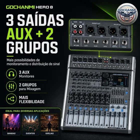 Mixer Profissional GOCHANMI HERO 8 com 6 Entradas XLR 3 AUX 2 Grupos Mute PFL e 99 Efeitos